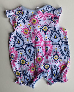 Baby Berry baby girl size newborn pink blue patterned button up romper, VGUC