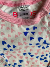 Load image into Gallery viewer, Bonds baby girl size 0-3 months blue pink hearts one-piece stretchie, VGUC
