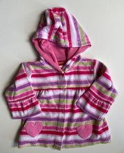 Load image into Gallery viewer, Sprout baby girl size 3-6 months pink purple stripe velour hooded jumper, VGUC
