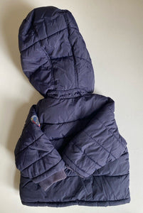 Jacadi Paris baby size 12m navy blue hooded puffer jacket coat pockets, VGUC