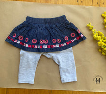 Load image into Gallery viewer, Fox &amp; Finch baby girl size 0-3 months grey leggings denim skirt pink shapes VGUC
