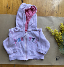 Load image into Gallery viewer, Sprout baby girl size 3-6 months pink hooded zip up jumper Pretty, GUC
