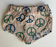 Load image into Gallery viewer, Cotton On baby size 0-3 months beige elastic waist shorts green Peace sign, VGUC
