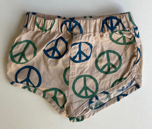 Cotton On baby size 0-3 months beige elastic waist shorts green Peace sign, VGUC