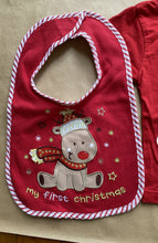 Load image into Gallery viewer, Baby boy girl size 0-3 months red t-shirt bib set First Christmas reindeer, VGUC
