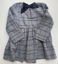 Load image into Gallery viewer, Minoti baby girl size 18-24 months grey black check long sleeve dress bow, EUC
