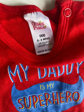 Load image into Gallery viewer, Ollie&#39;s Place baby size 0-3 months red t-shirt bodysuit Superhero Daddy, VGUC
