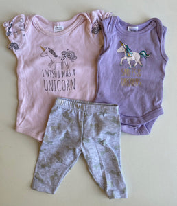 Baby Berry baby size newborn bundle purple pink unicorn romper top pants, VGUC