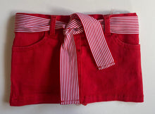 Load image into Gallery viewer, Rhubarb baby girl size 3-6 months red denim belted mini skirt bloomers, EUC
