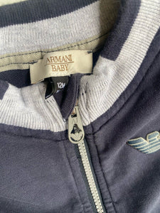 Armani baby boy size 9-12 months navy blue grey zip up jumper logo, VGUC