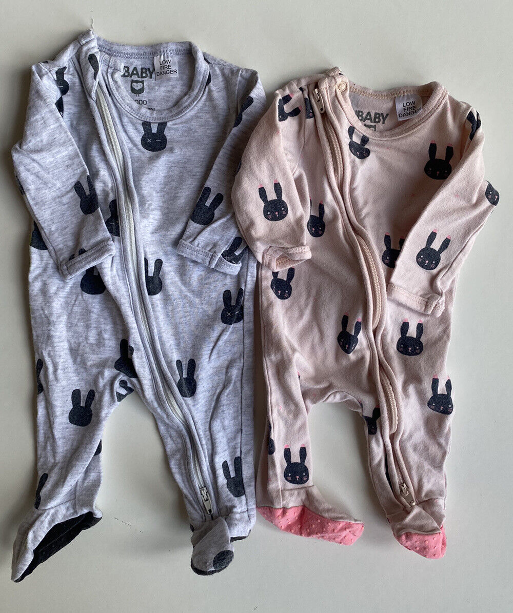 Cotton On baby girl size newborn x2 one-piece pink grey black bunnies, GUC