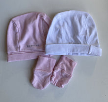 Load image into Gallery viewer, Big Softies baby girl size newborn x2 pink white beanies mittens, VGUC
