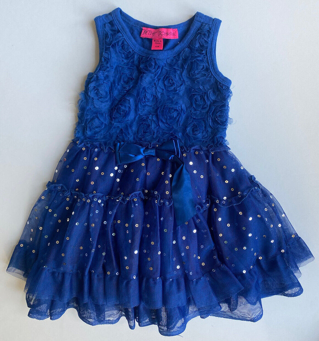 Betsey Johnson baby girl size 6-12 months blue tutu dress sequins bow, VGUC