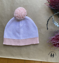 Load image into Gallery viewer, Miann &amp; Co. baby girl size Small pink white knitted beanie hat pom pom
