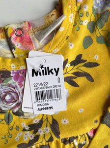 Milky baby girl size 6-12 months yellow floral bodysuit dress frills, BNWT