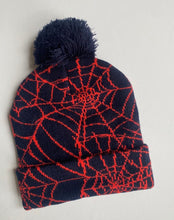 Load image into Gallery viewer, Marvel Spiderman size S navy blue red knitted spiderweb beanie hat, EUC
