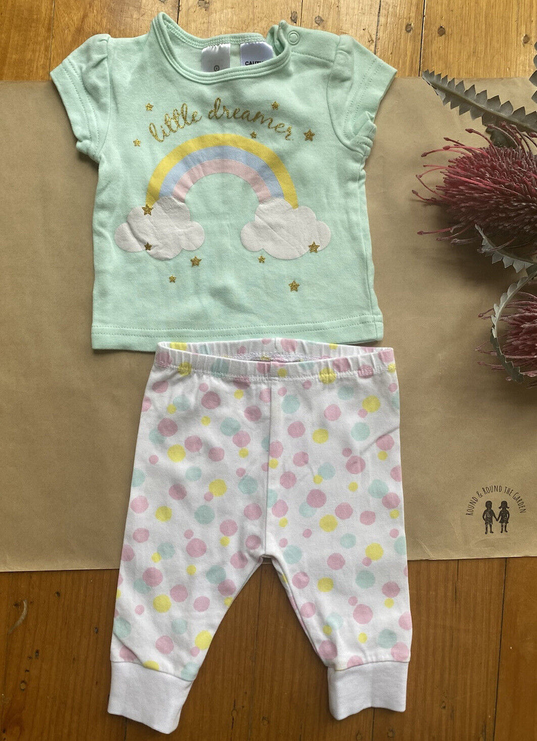 Target Baby girl size 0 3 months PJ s green pink rainbow spots sleepwe