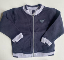 Load image into Gallery viewer, Armani baby boy size 9-12 months navy blue grey zip up jumper logo, VGUC
