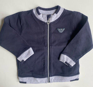 Armani baby boy size 9-12 months navy blue grey zip up jumper logo, VGUC