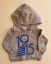 Load image into Gallery viewer, Bonds baby boy size 0-3 months grey hooded light jumper blue logo, VGUC
