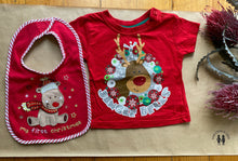 Load image into Gallery viewer, Baby boy girl size 0-3 months red t-shirt bib set First Christmas reindeer, VGUC
