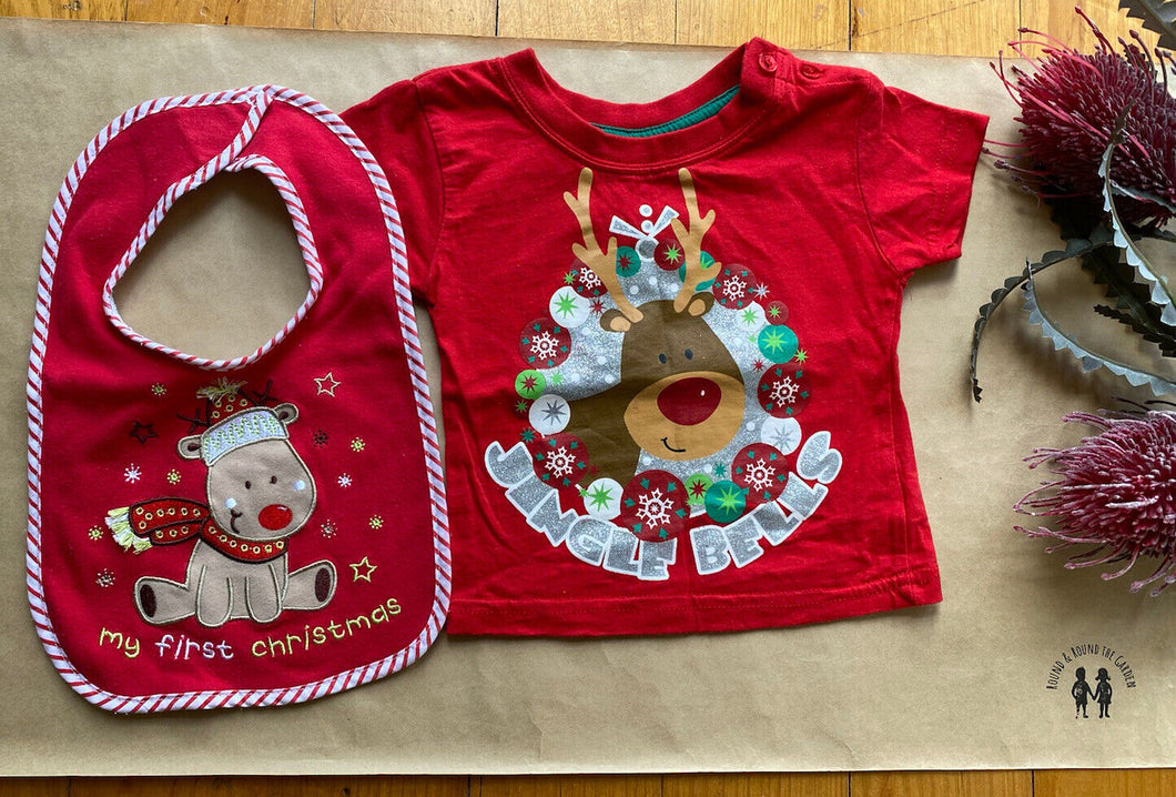 Baby boy girl size 0-3 months red t-shirt bib set First Christmas reindeer, VGUC