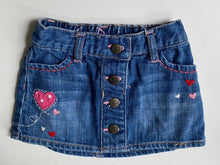 Load image into Gallery viewer, GAP baby girl size 18-24 months blue denim mini skirt pink hearts, VGUC
