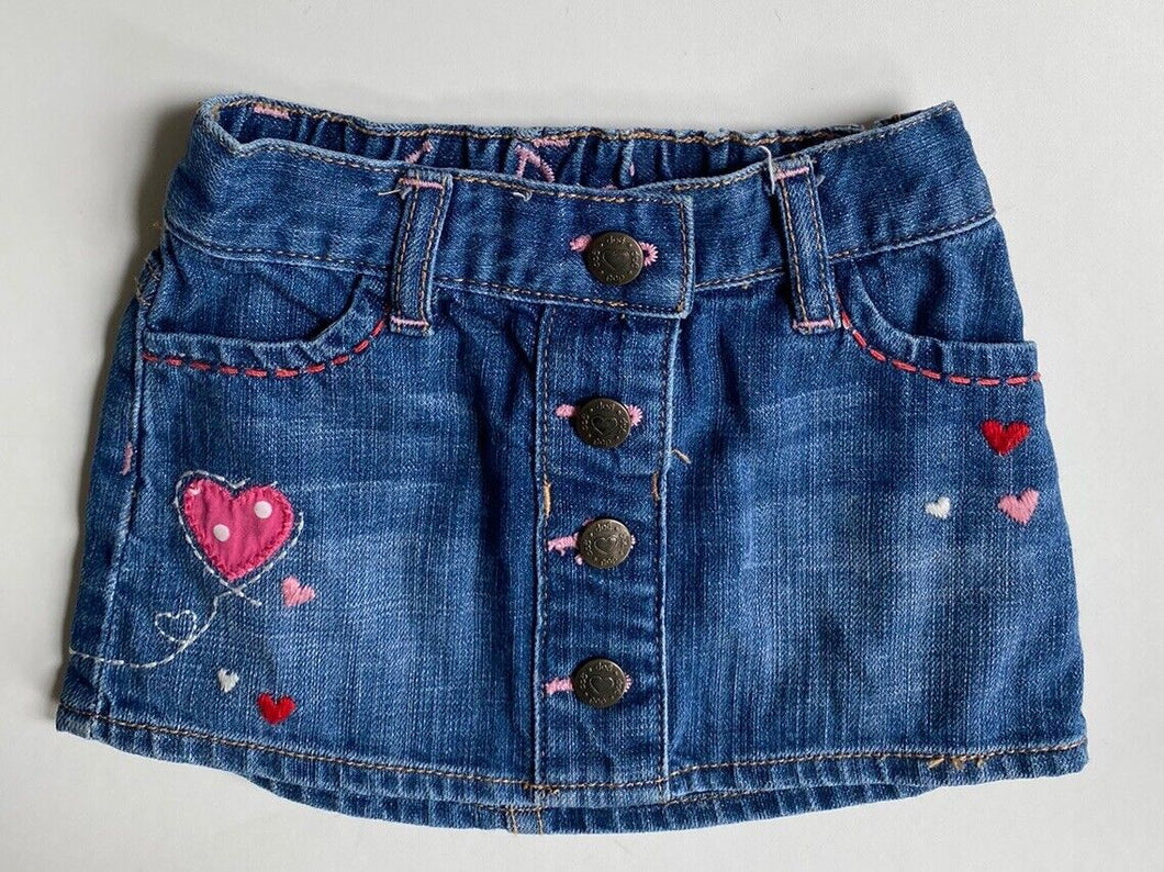 GAP baby girl size 18-24 months blue denim mini skirt pink hearts, VGUC