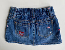 Load image into Gallery viewer, GAP baby girl size 18-24 months blue denim mini skirt pink hearts, VGUC
