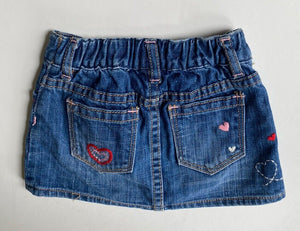 GAP baby girl size 18-24 months blue denim mini skirt pink hearts, VGUC