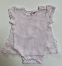 Load image into Gallery viewer, Purebaby baby girl size newborn pink white stripe bodysuit dress, VGUC
