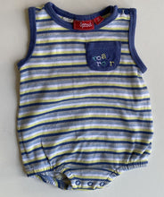 Load image into Gallery viewer, Sprout baby boy size 3-6 months blue yellow stripe romper one-piece lion, VGUC
