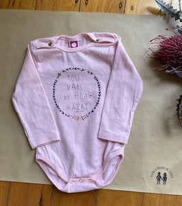Tumble 'n Dry baby girl size 00 pink long sleeve bodysuit happy heart