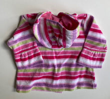 Load image into Gallery viewer, Sprout baby girl size 3-6 months pink purple stripe velour hooded jumper, VGUC
