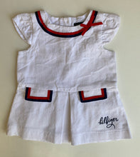 Load image into Gallery viewer, Tommy Hilfiger baby girl size 9-12 months white pleated dress red blue trim VGUC
