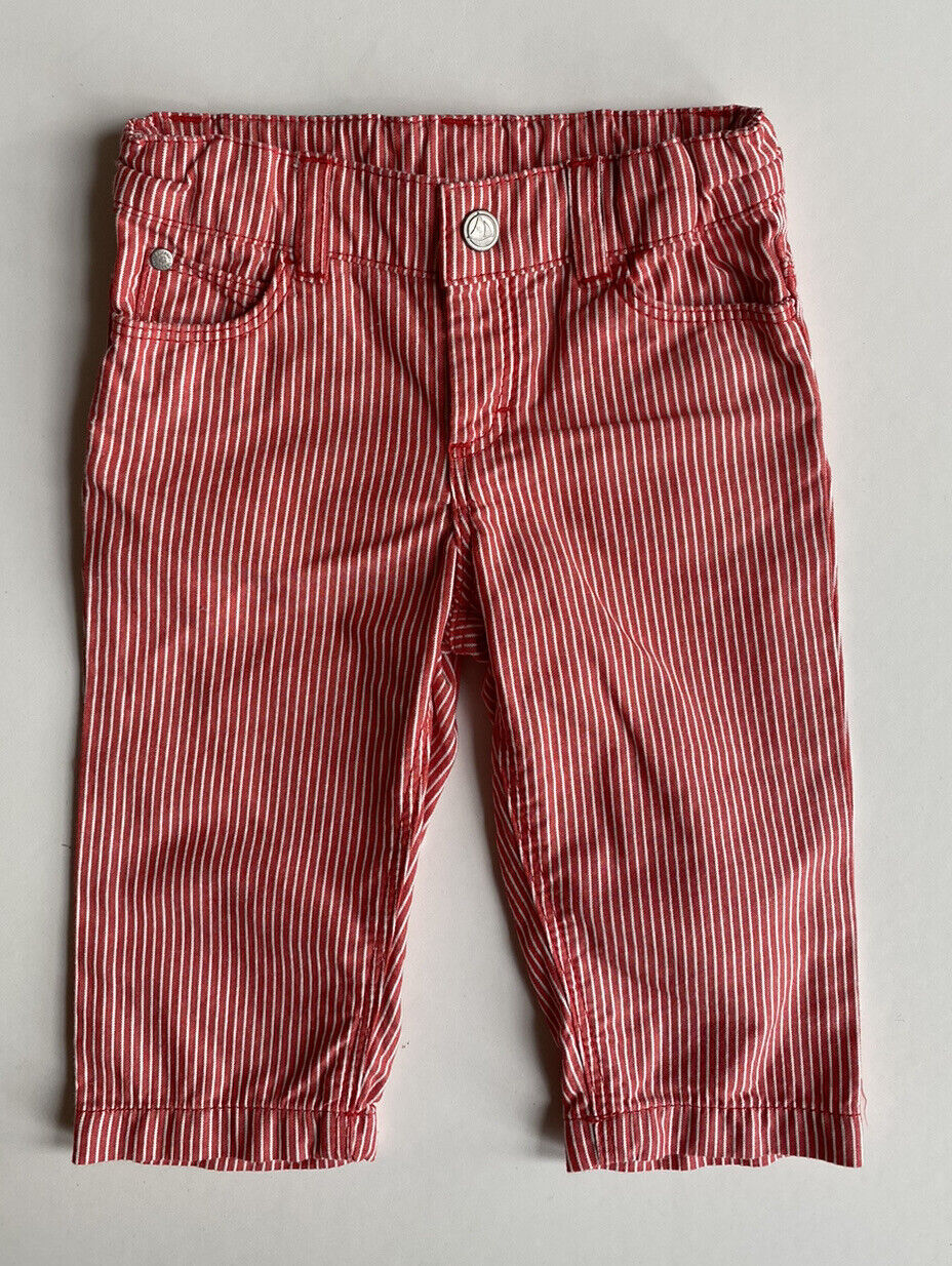 Petit Bateau baby boy size 3-6 months red white pinstripe jeans pants, EUC