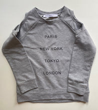 Load image into Gallery viewer, Decjuba Kids girls size XS (8-9) grey jumper cut outs cities, VGUC
