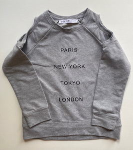 Decjuba Kids girls size XS (8-9) grey jumper cut outs cities, VGUC