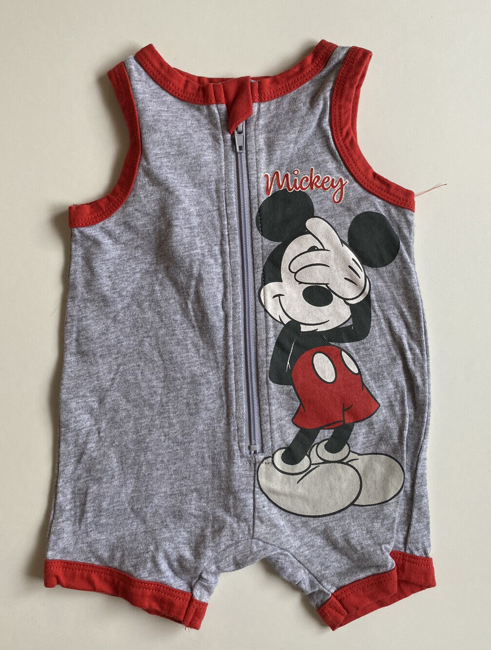 Disney Baby size 0-3 months Mickey Mouse grey sleeveless romper one-piece, VGUC