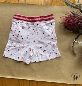 Purebaby baby girl size 00 white shorts pink floral ladybirds, VGUC