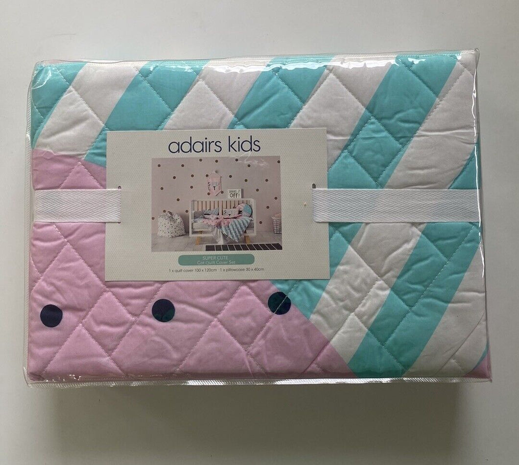 Adairs Kids girls cot quilted quilt cover set pillowcases pink watermelon, BNWT