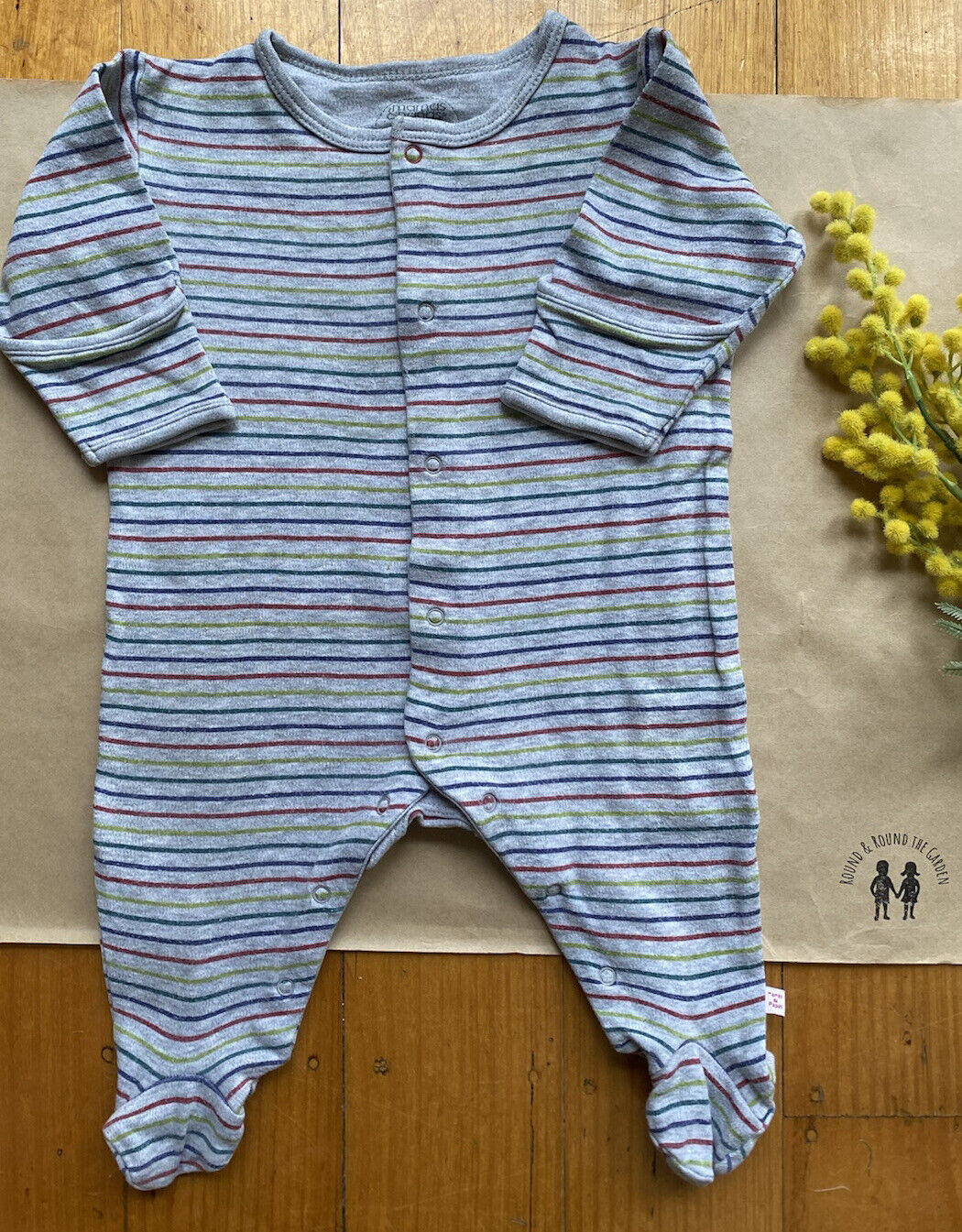 Mamas & Papas baby size 0-3 months grey blue green red stripe one-piece, VGUC