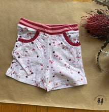 Load image into Gallery viewer, Purebaby baby girl size 00 white shorts pink floral ladybirds, VGUC
