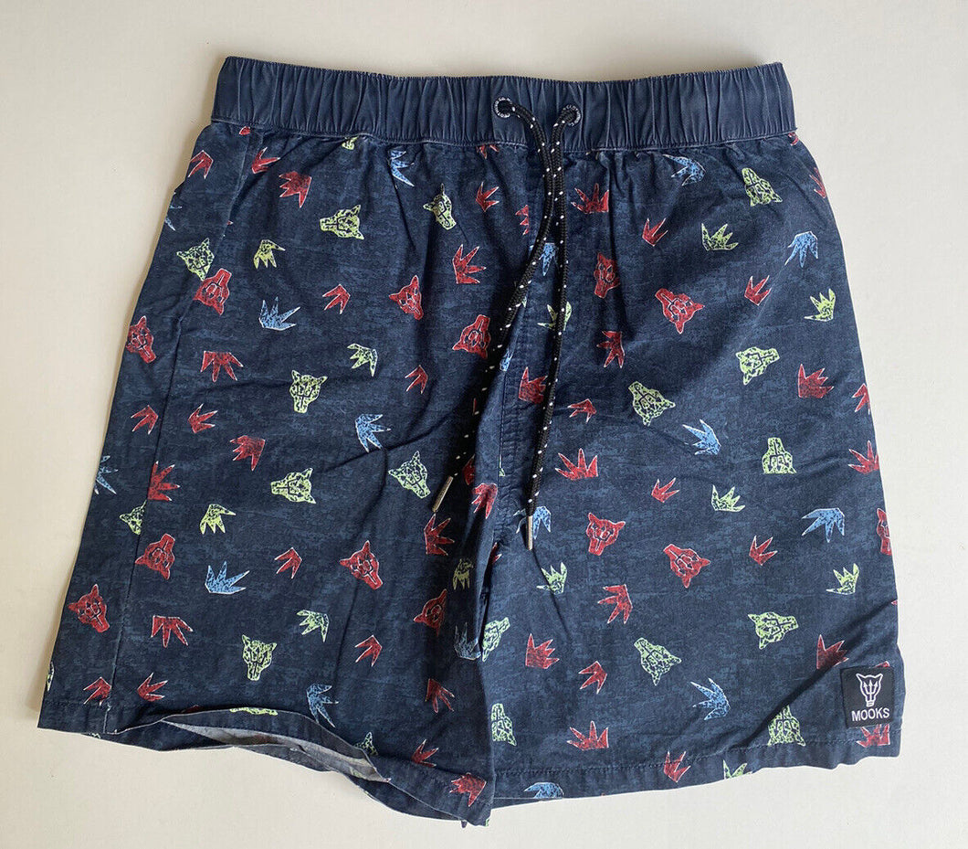 Mooks kids boys size 12 grey blue drawstring shorts coloured logos VGUC