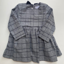 Load image into Gallery viewer, Minoti baby girl size 18-24 months grey black check long sleeve dress bow, EUC
