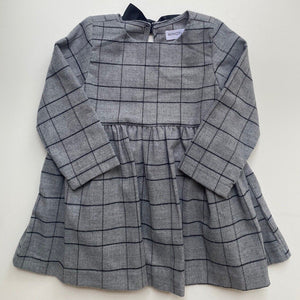 Minoti baby girl size 18-24 months grey black check long sleeve dress bow, EUC