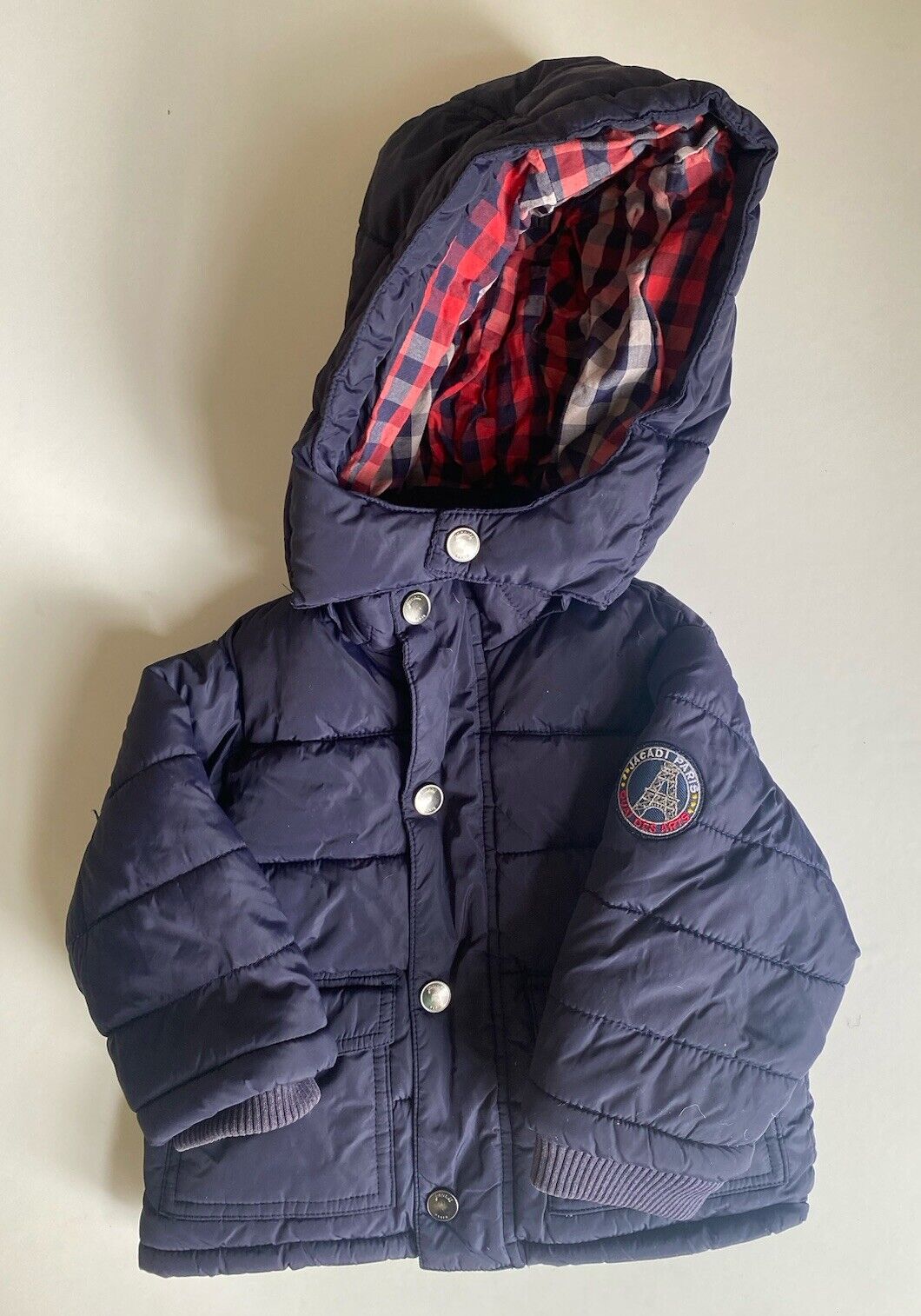 Jacadi Paris baby size 12m navy blue hooded puffer jacket coat pockets, VGUC