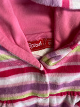 Load image into Gallery viewer, Sprout baby girl size 3-6 months pink purple stripe velour hooded jumper, VGUC
