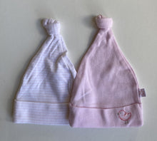 Load image into Gallery viewer, Marquise baby size Small (newborn) x2 pink knotted beanies stripes bird, VGUC
