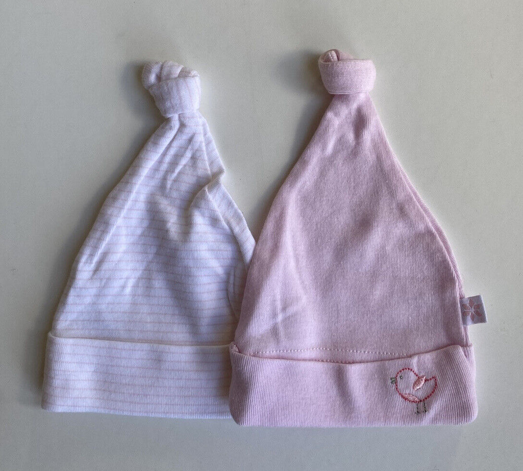 Marquise baby size Small (newborn) x2 pink knotted beanies stripes bird, VGUC